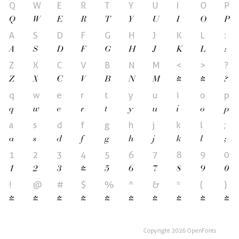 Character Map of FONTSPRING DEMO - Bodoni Display FS Italic