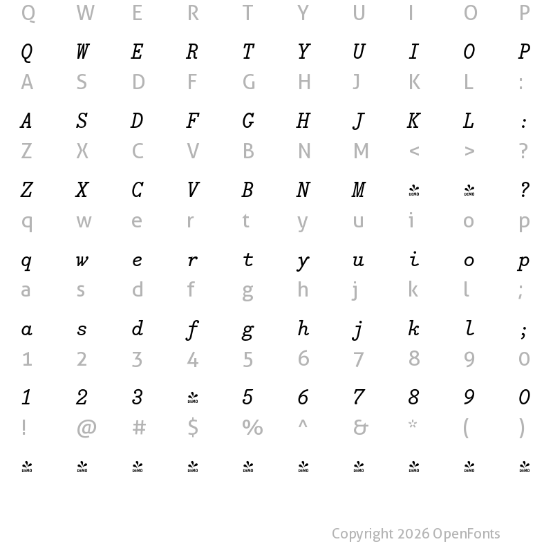 Character Map of FONTSPRING DEMO - Bodoni Egyptian Mono Italic