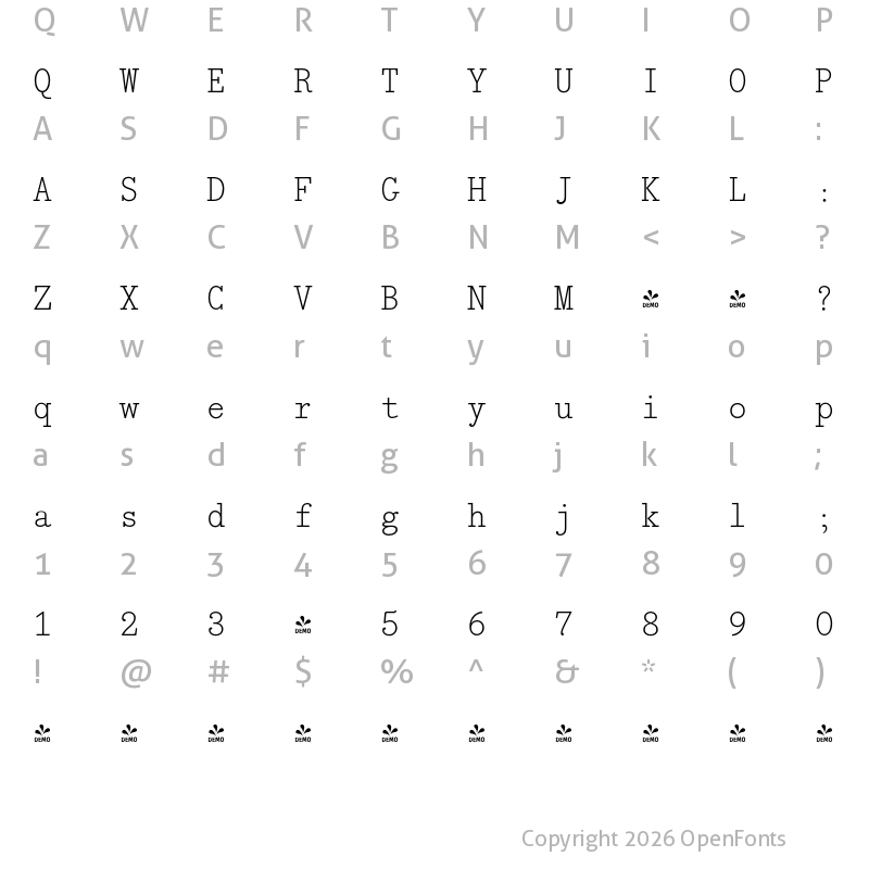 Character Map of FONTSPRING DEMO - Bodoni Egyptian Mono Thin Regular