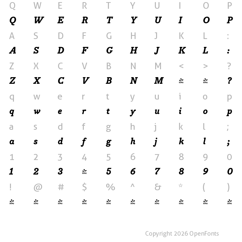 Character Map of FONTSPRING DEMO - Bodoni Egyptian Pro ExtBoldIta Regular