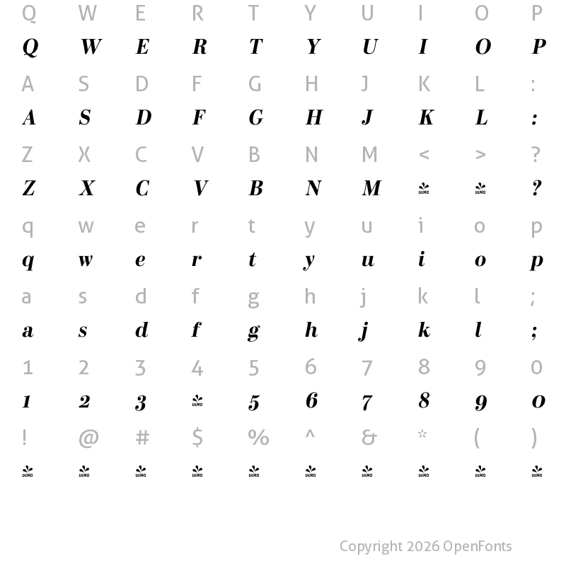 Character Map of FONTSPRING DEMO - Bodoni Elegant Bold Italic