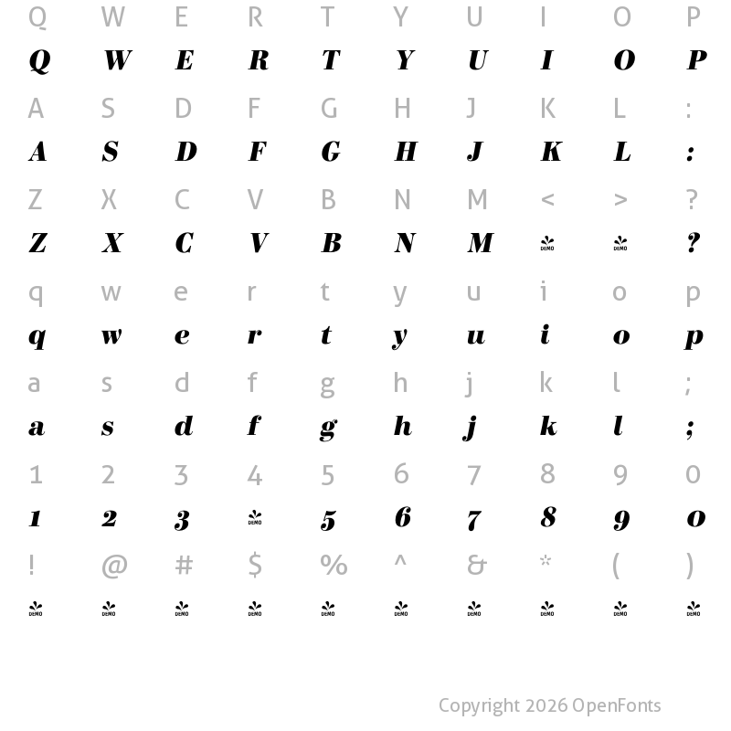 Character Map of FONTSPRING DEMO - Bodoni Elegant ExtBd Italic