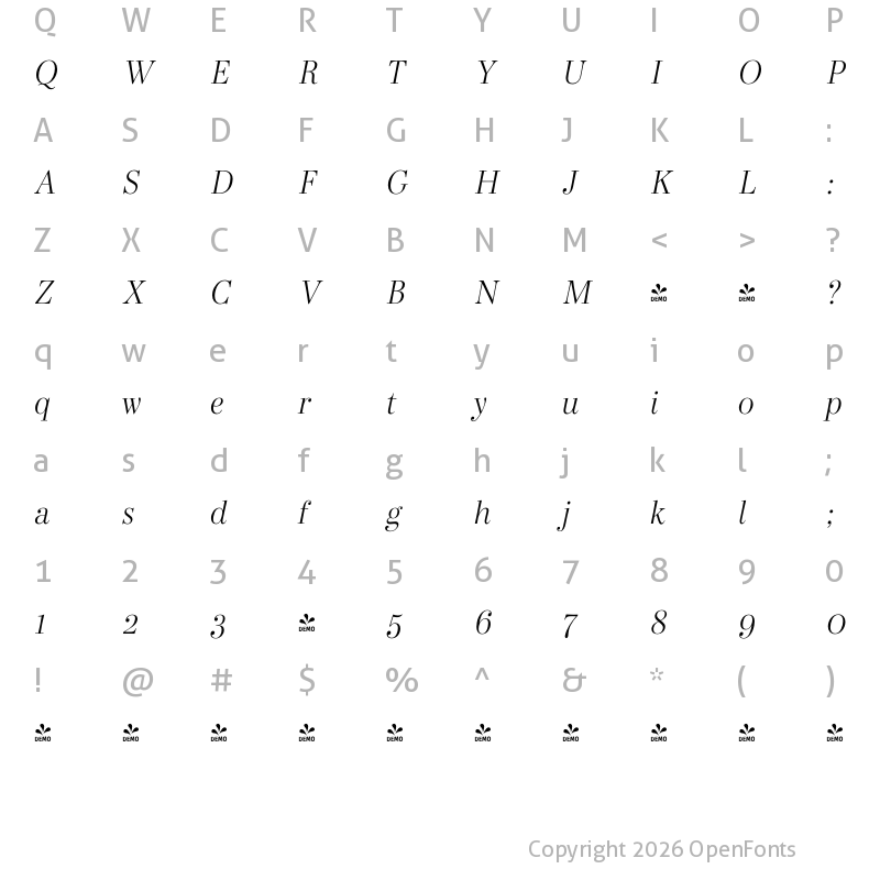 Character Map of FONTSPRING DEMO - Bodoni Elegant Light Italic