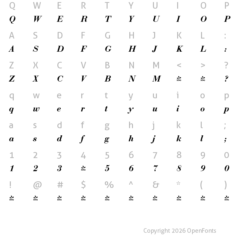 Character Map of FONTSPRING DEMO - Bodoni FS Semibold Italic