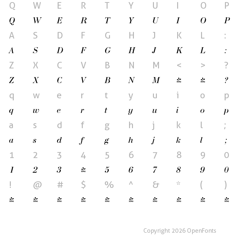 Character Map of FONTSPRING DEMO - Bodoni Italic