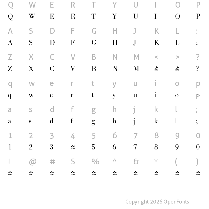 Character Map of FONTSPRING DEMO - Bodoni Recut FS Light Regular