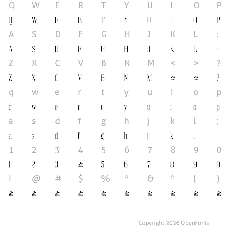 Character Map of FONTSPRING DEMO - Bodoni Z37 L Cd Lt Regular