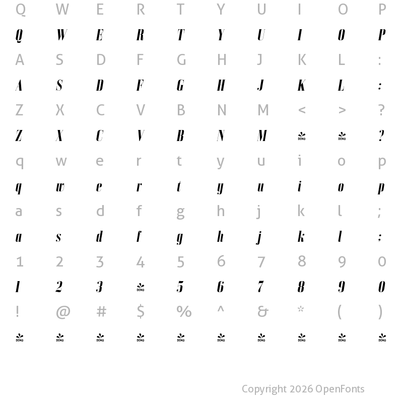 Character Map of FONTSPRING DEMO - Bodoni Z37 L Cd Rg Bold Italic