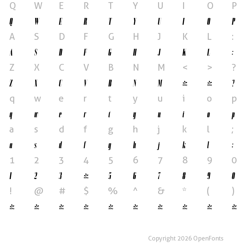 Character Map of FONTSPRING DEMO - Bodoni Z37 L Cp Hv Italic