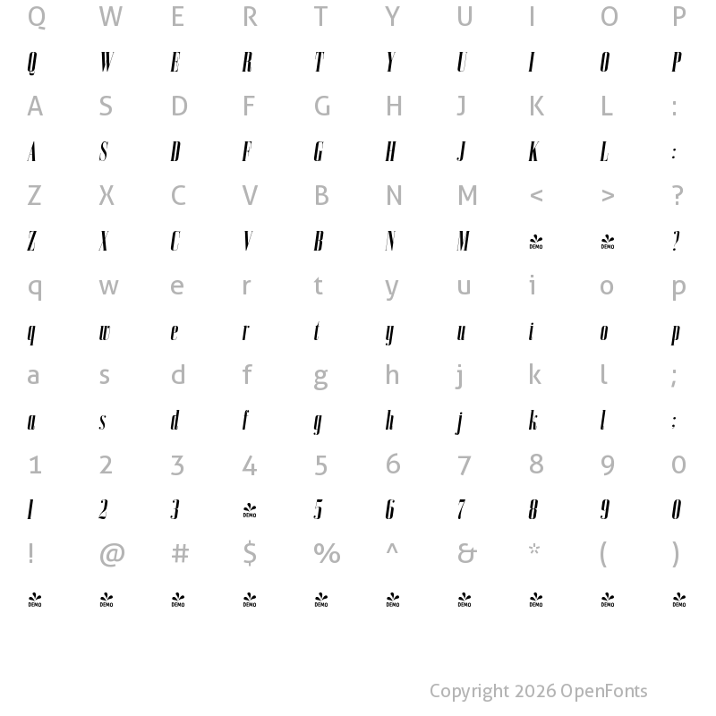 Character Map of FONTSPRING DEMO - Bodoni Z37 L Cp Rg Bold Italic