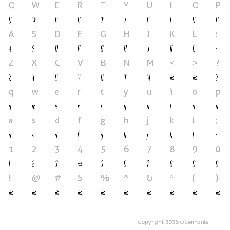 Character Map of FONTSPRING DEMO - Bodoni Z37 L Cp Rg Italic