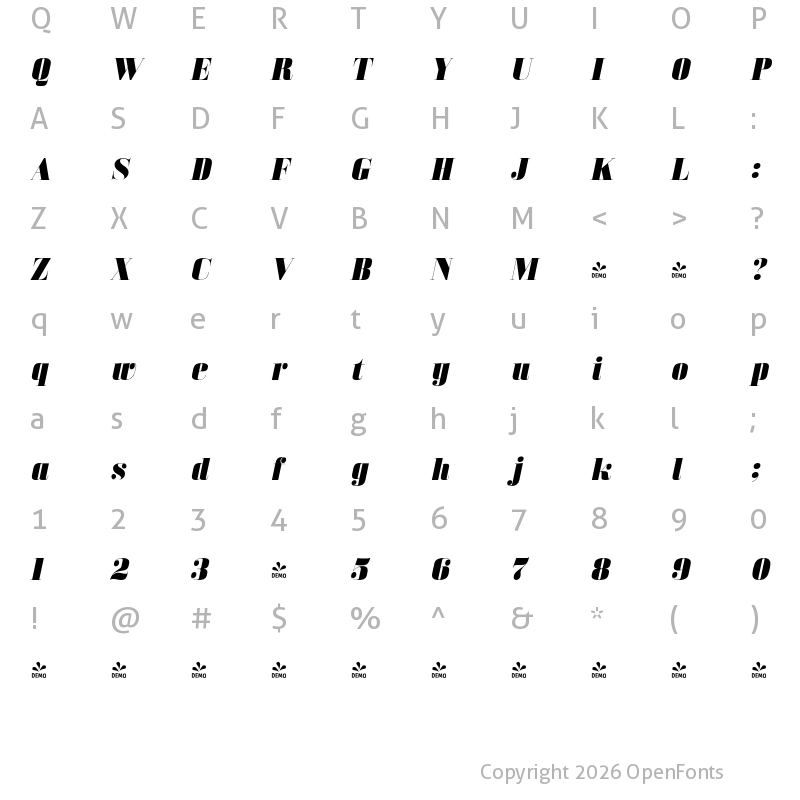 Character Map of FONTSPRING DEMO - Bodoni Z37 L Ex Hv Italic