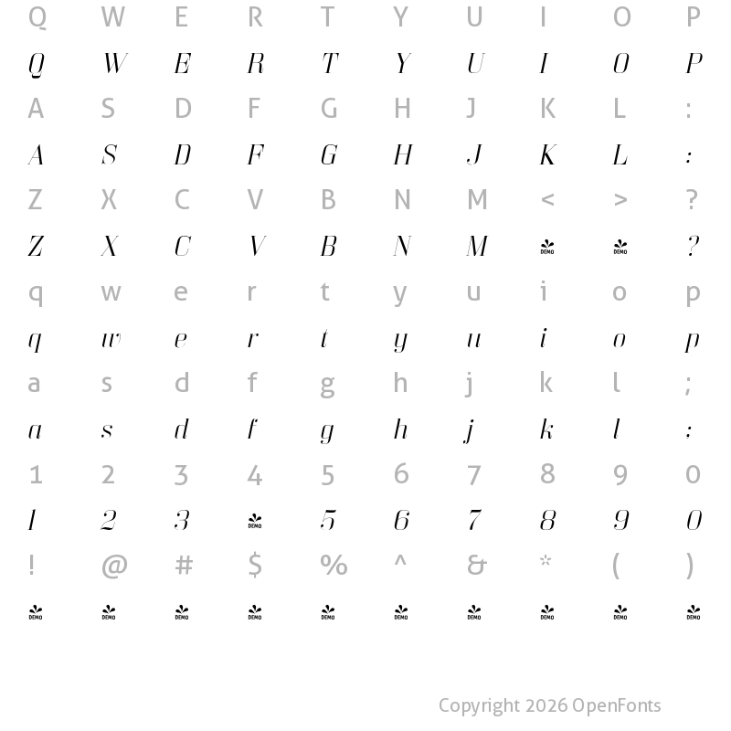 Character Map of FONTSPRING DEMO - Bodoni Z37 L Ex Lt Italic