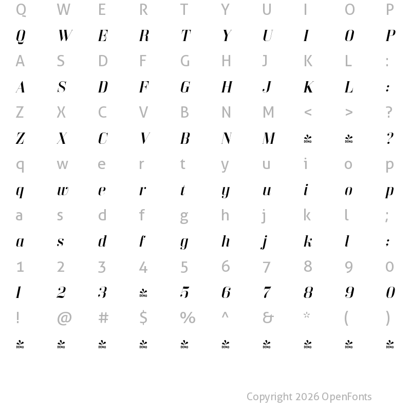 Character Map of FONTSPRING DEMO - Bodoni Z37 L Ex Rg Italic