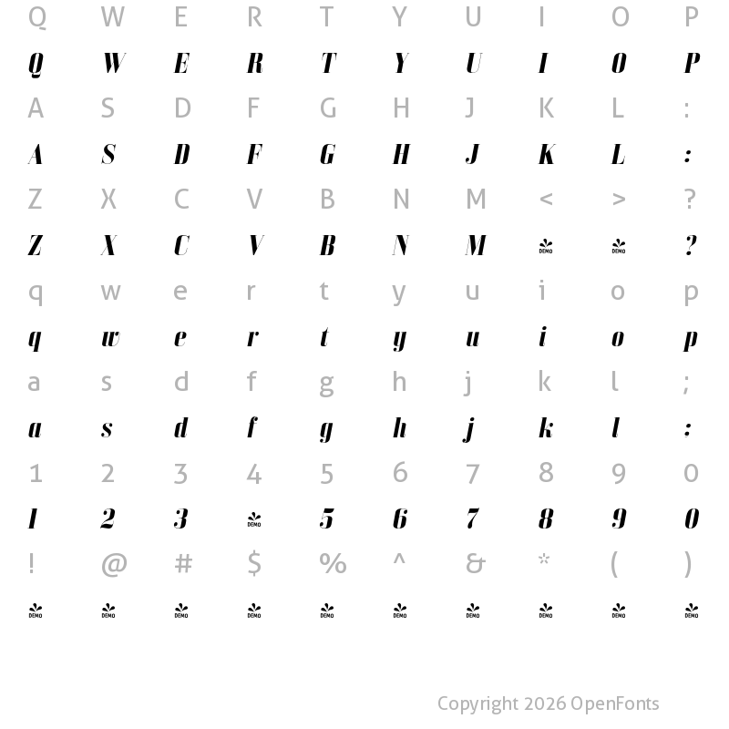 Character Map of FONTSPRING DEMO - Bodoni Z37 L Rg Bold Italic