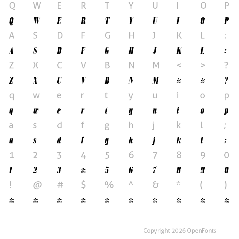 Character Map of FONTSPRING DEMO - Bodoni Z37 M Cd Hv Italic