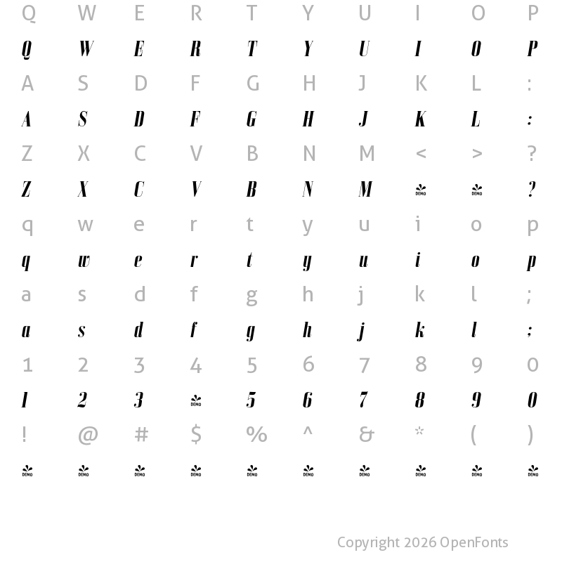 Character Map of FONTSPRING DEMO - Bodoni Z37 M Cd Rg Bold Italic