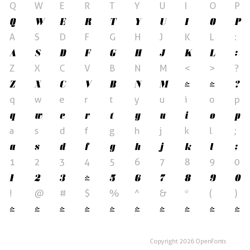 Character Map of FONTSPRING DEMO - Bodoni Z37 M Ex Hv Italic