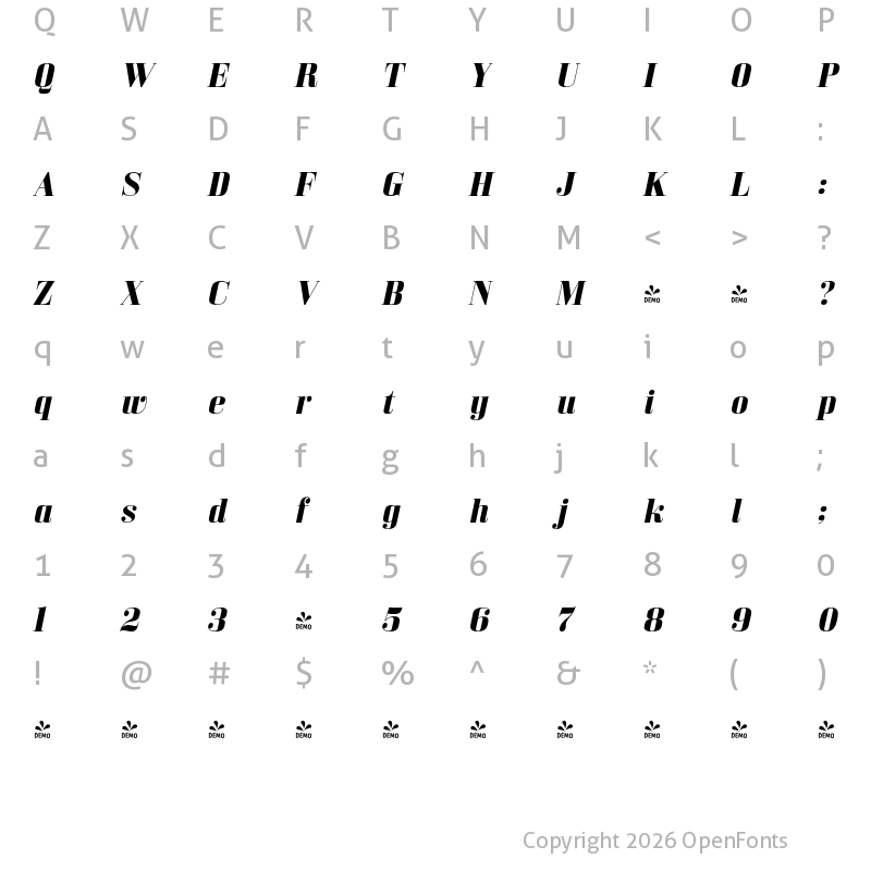 Character Map of FONTSPRING DEMO - Bodoni Z37 M Ex Rg Bold Italic