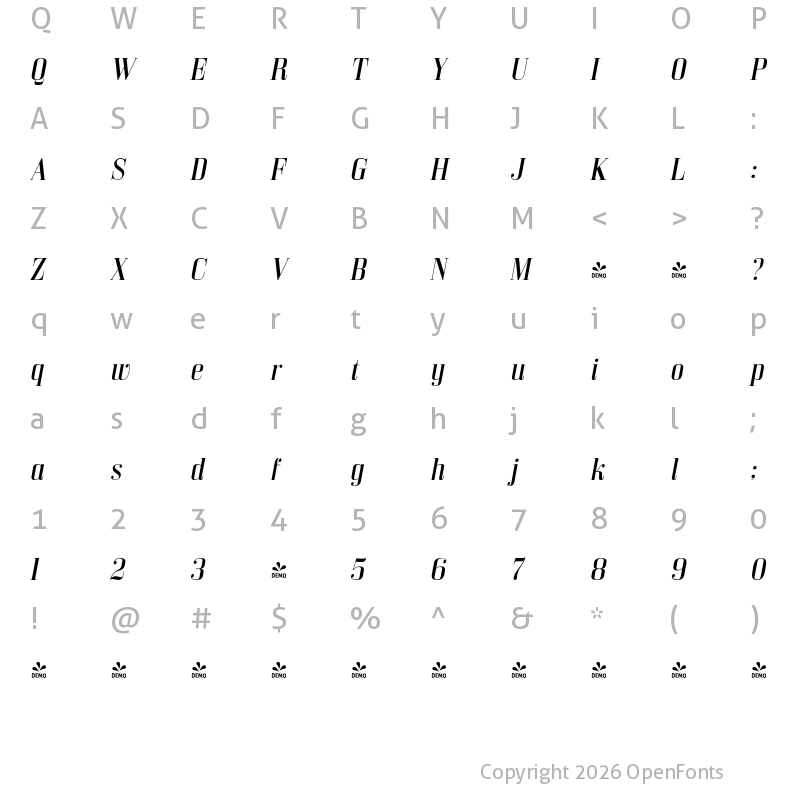 Character Map of FONTSPRING DEMO - Bodoni Z37 M Rg Italic