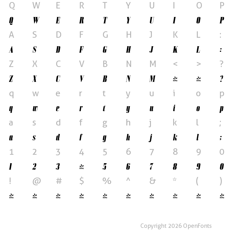 Character Map of FONTSPRING DEMO - Bodoni Z37 S Cd Hv Italic