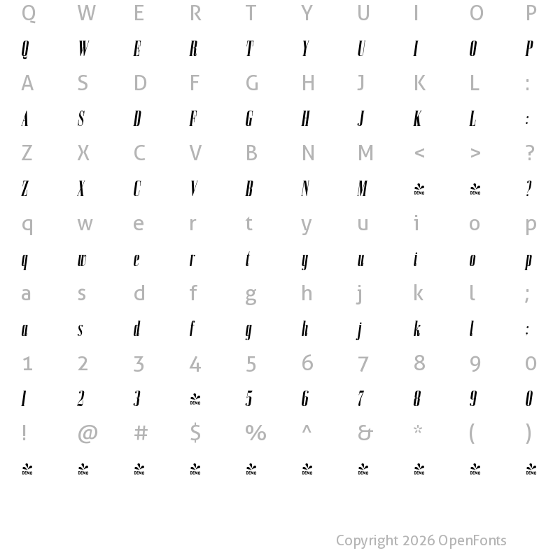 Character Map of FONTSPRING DEMO - Bodoni Z37 S Cp Rg Bold Italic