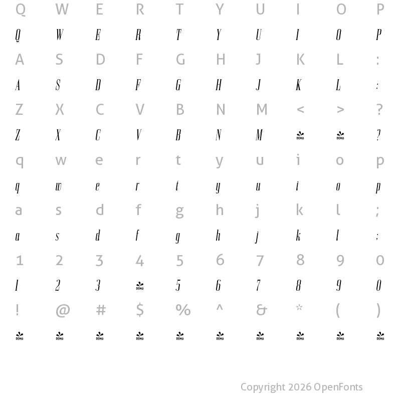 Character Map of FONTSPRING DEMO - Bodoni Z37 S Cp Rg Italic