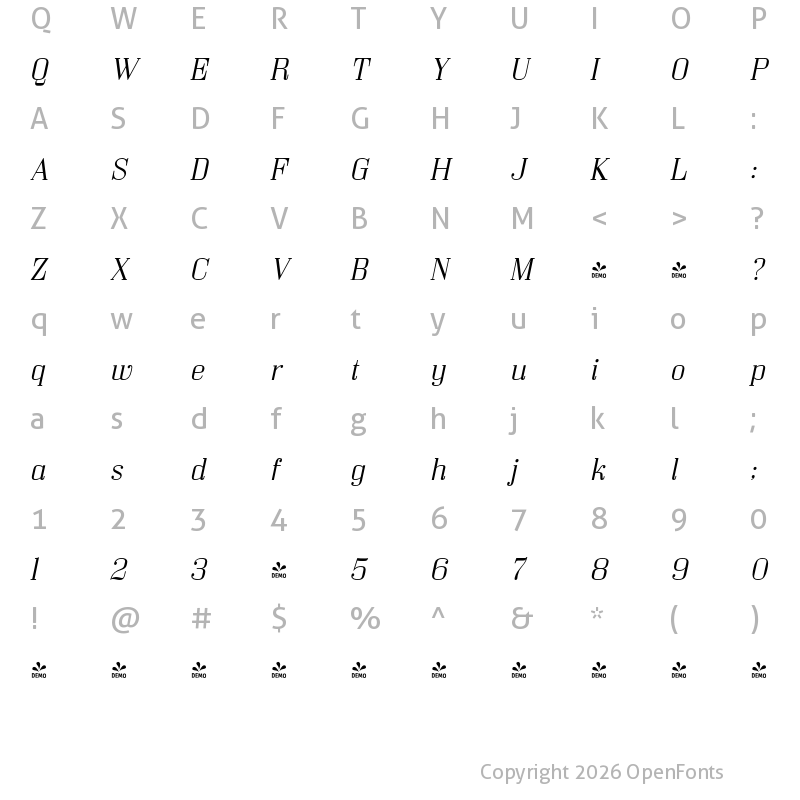 Character Map of FONTSPRING DEMO - Bodoni Z37 S Ex Lt Italic