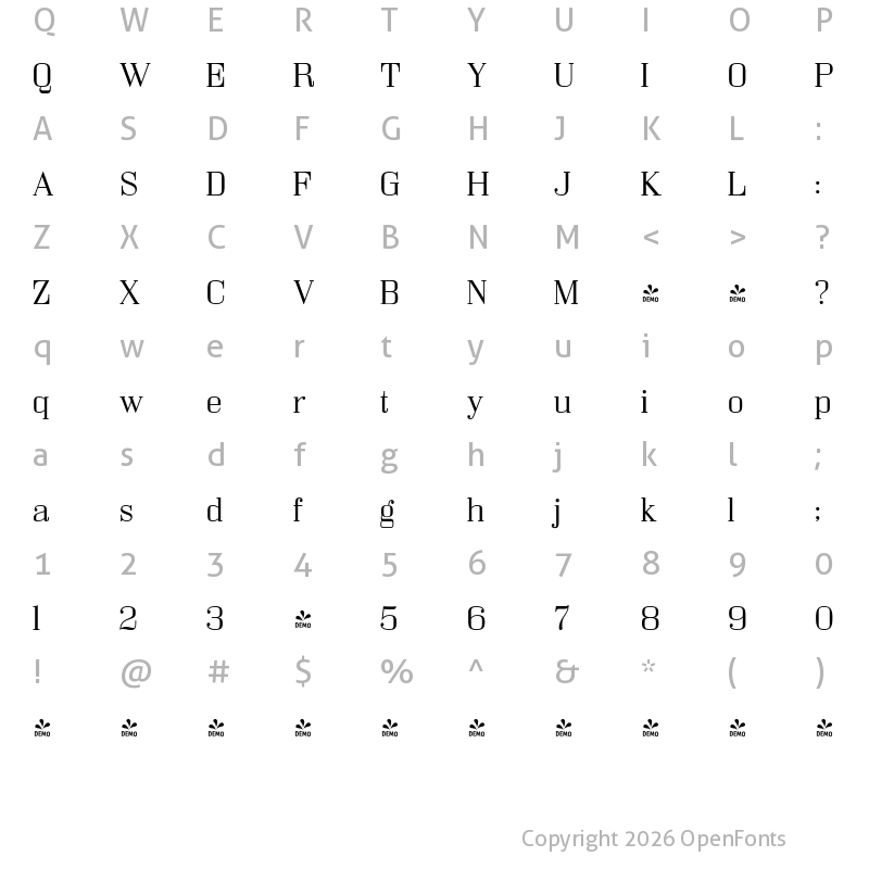 Character Map of FONTSPRING DEMO - Bodoni Z37 S Ex Lt Regular