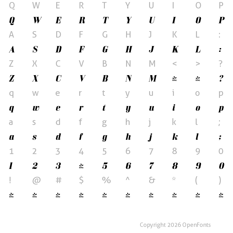 Character Map of FONTSPRING DEMO - Bodoni Z37 S Ex Rg Bold Italic