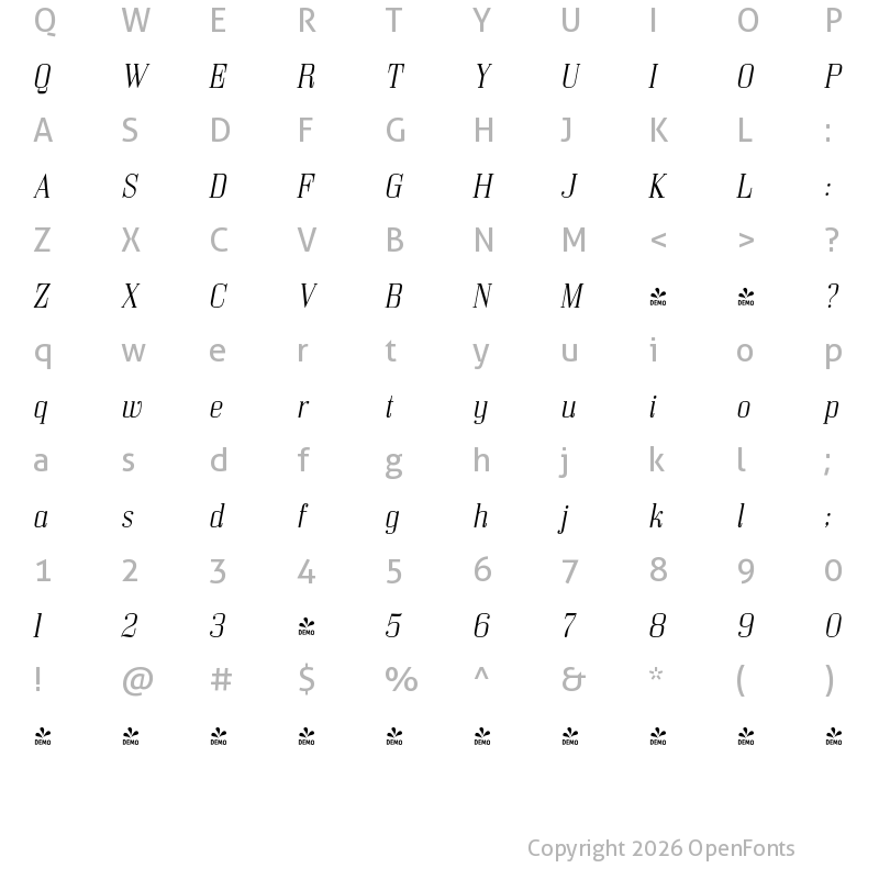 Character Map of FONTSPRING DEMO - Bodoni Z37 S Lt Italic
