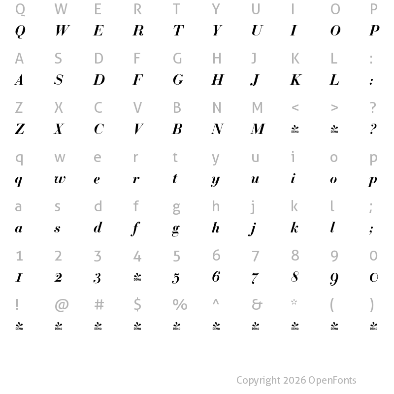 Character Map of FONTSPRING DEMO - BodoniClassic-BoldItalic Regular