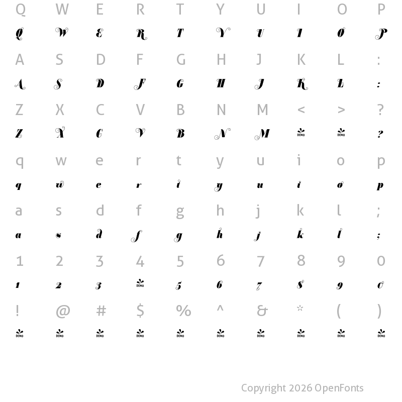 Character Map of FONTSPRING DEMO - BodoniClassicFreeStyle Regular