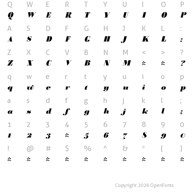 Character Map of FONTSPRING DEMO - BodoniClassicUltraItalic Regular