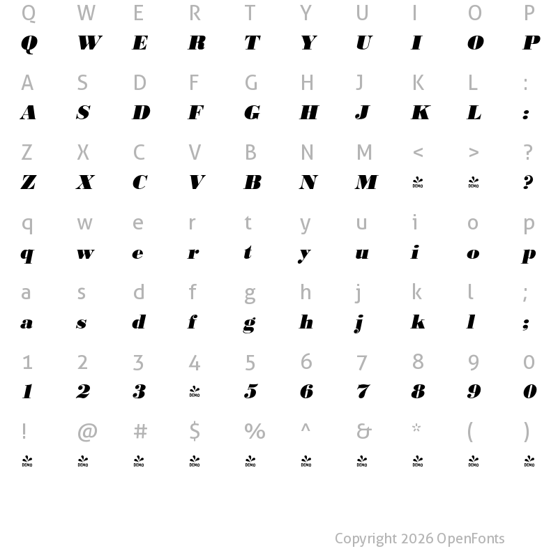 Character Map of FONTSPRING DEMO - BodoniURWExtBol Italic