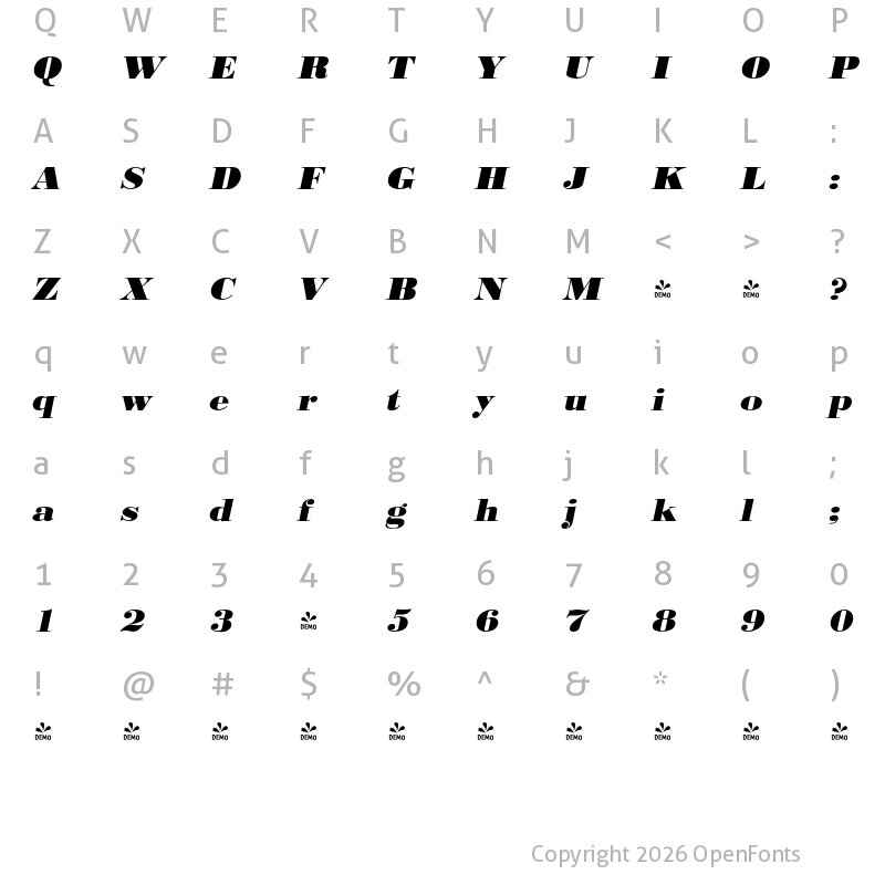 Character Map of FONTSPRING DEMO - BodoniURWExtWidExtBol Italic