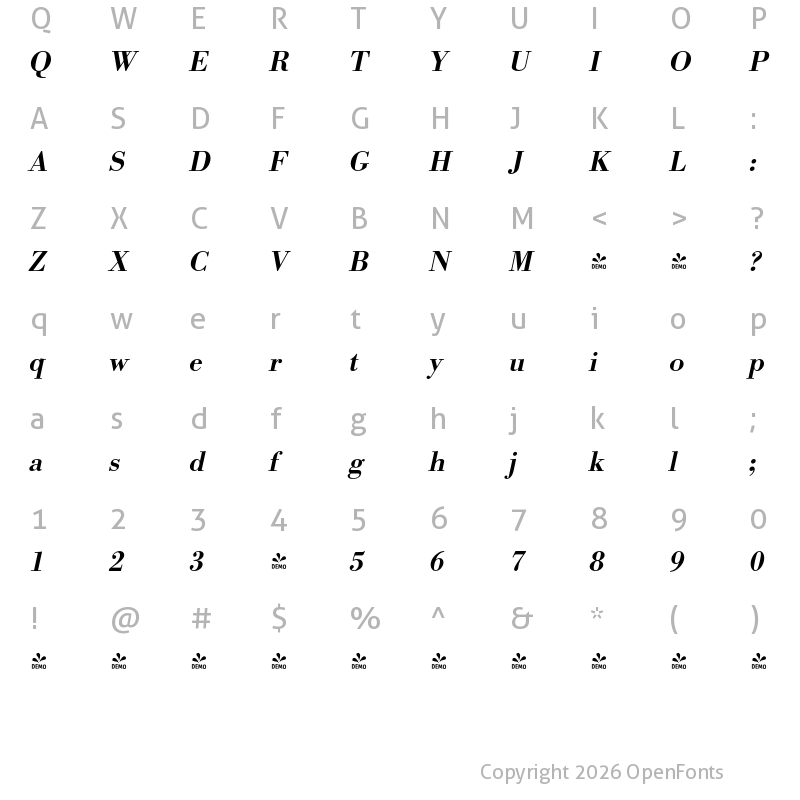 Character Map of FONTSPRING DEMO - BodoniURWMed Italic