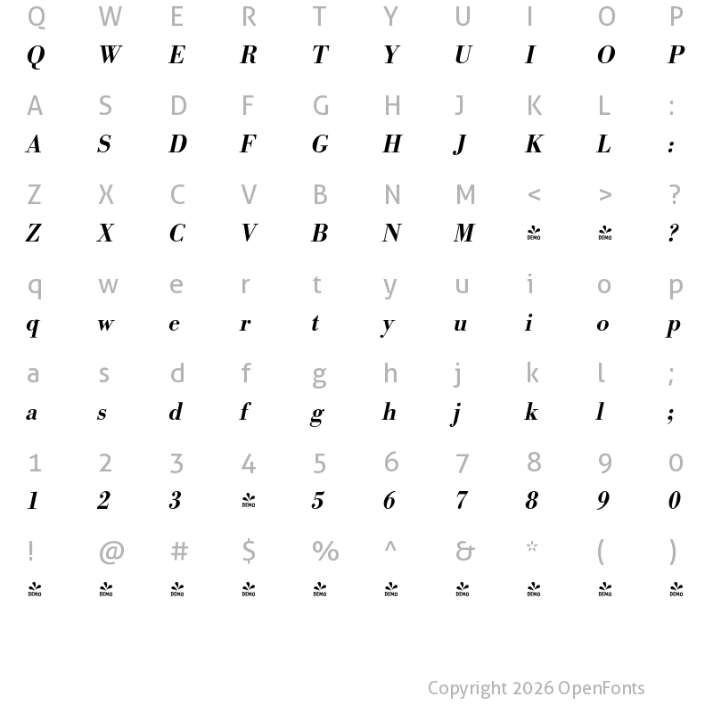 Character Map of FONTSPRING DEMO - BodoniURWNarMed Italic