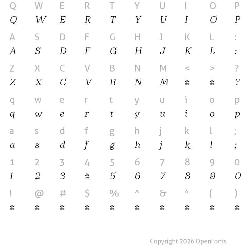 Character Map of FONTSPRING DEMO - Body Light It Italic