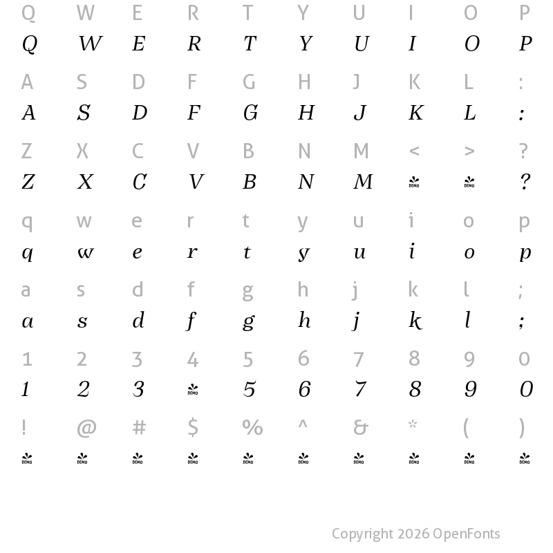 Character Map of FONTSPRING DEMO - Body Regular It Italic