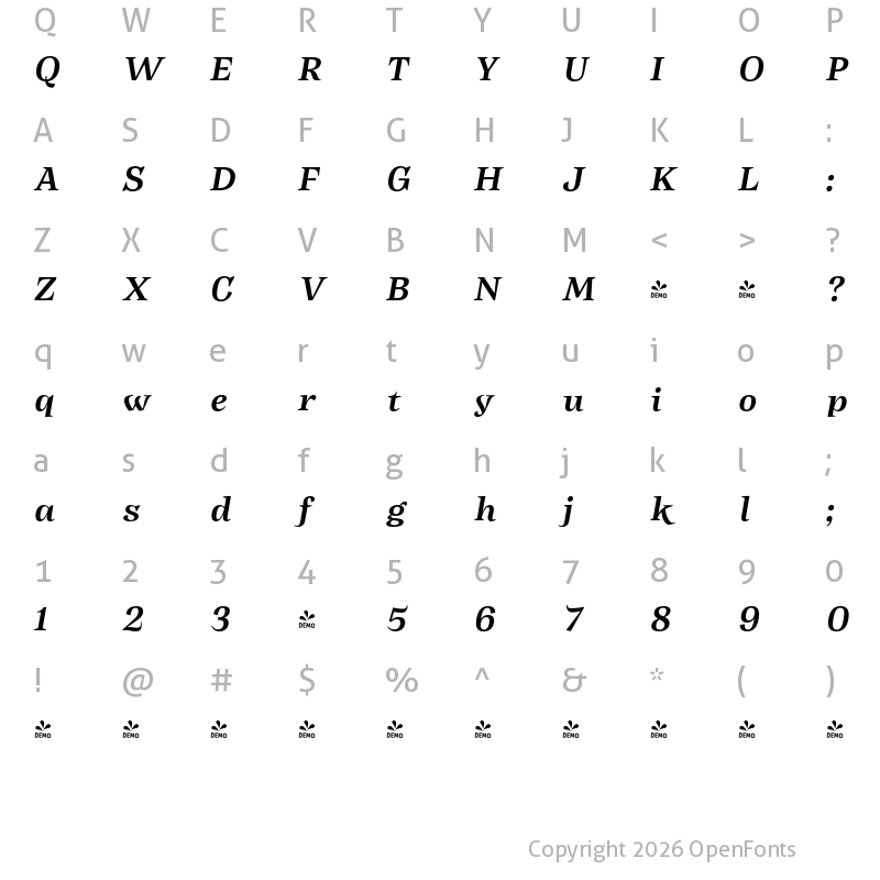 Character Map of FONTSPRING DEMO - Body Semi Bold It Italic