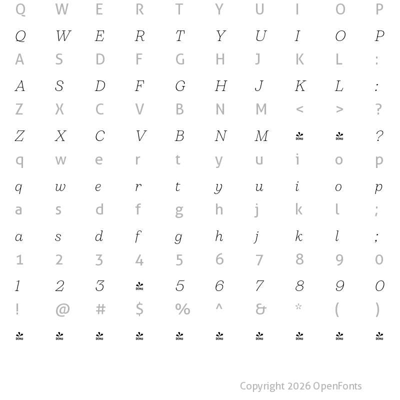 Character Map of FONTSPRING DEMO - Bogart Extralight Italic