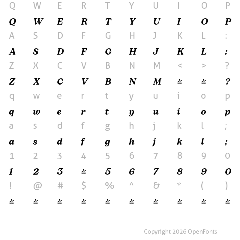Character Map of FONTSPRING DEMO - Bogart Semibold Italic