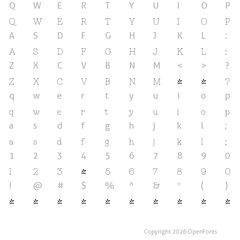 Character Map of FONTSPRING DEMO - Bogart Thin Regular