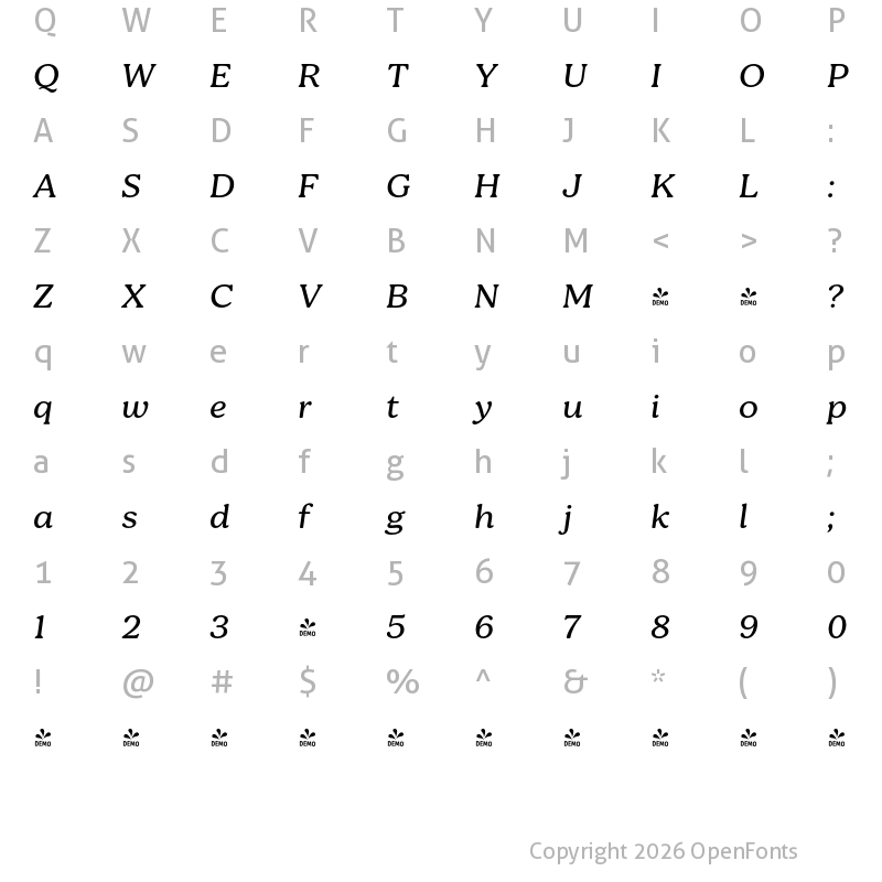 Character Map of FONTSPRING DEMO - Bogue Italic