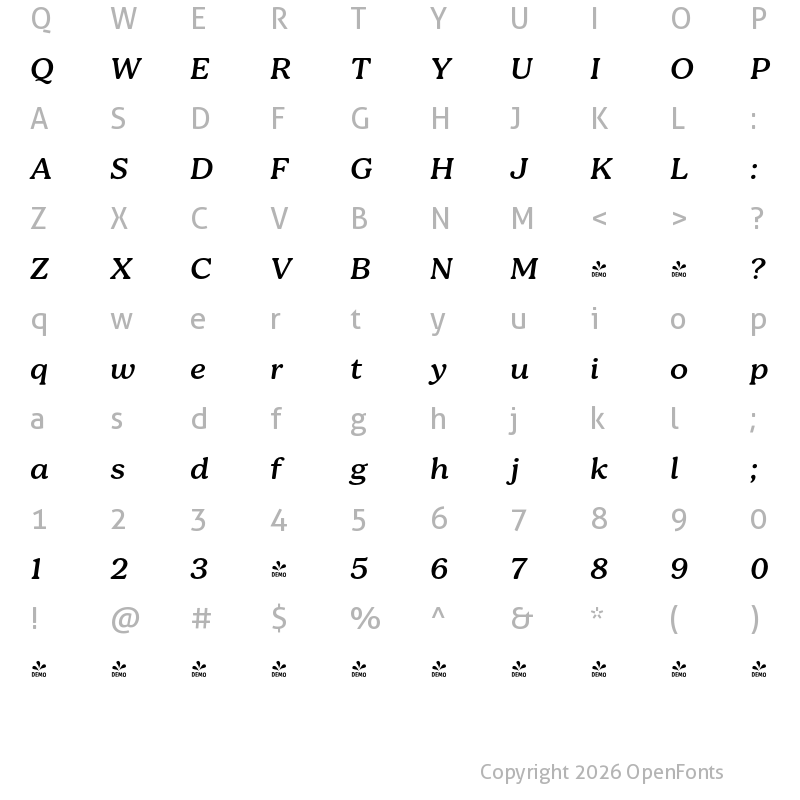 Character Map of FONTSPRING DEMO - Bogue Medium Italic