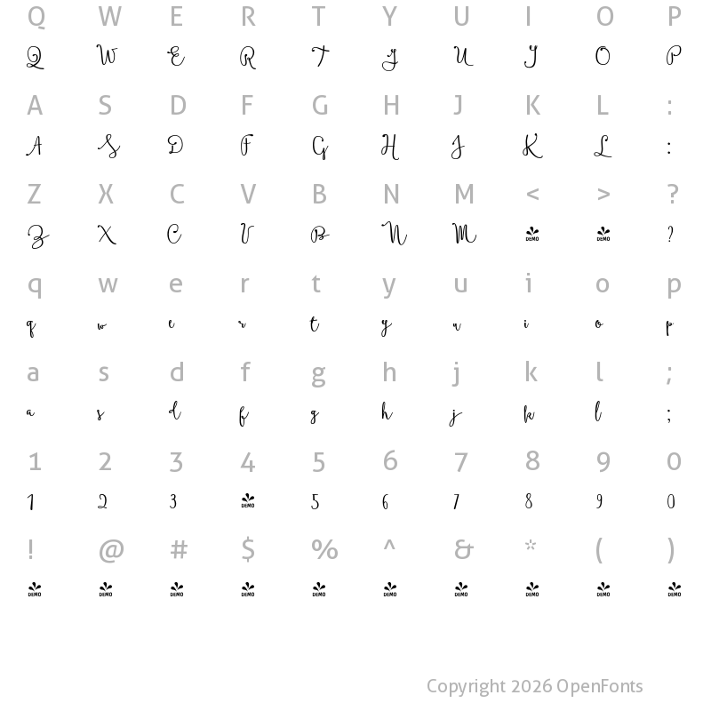 Character Map of FONTSPRING DEMO - Boho Script Drop Bold