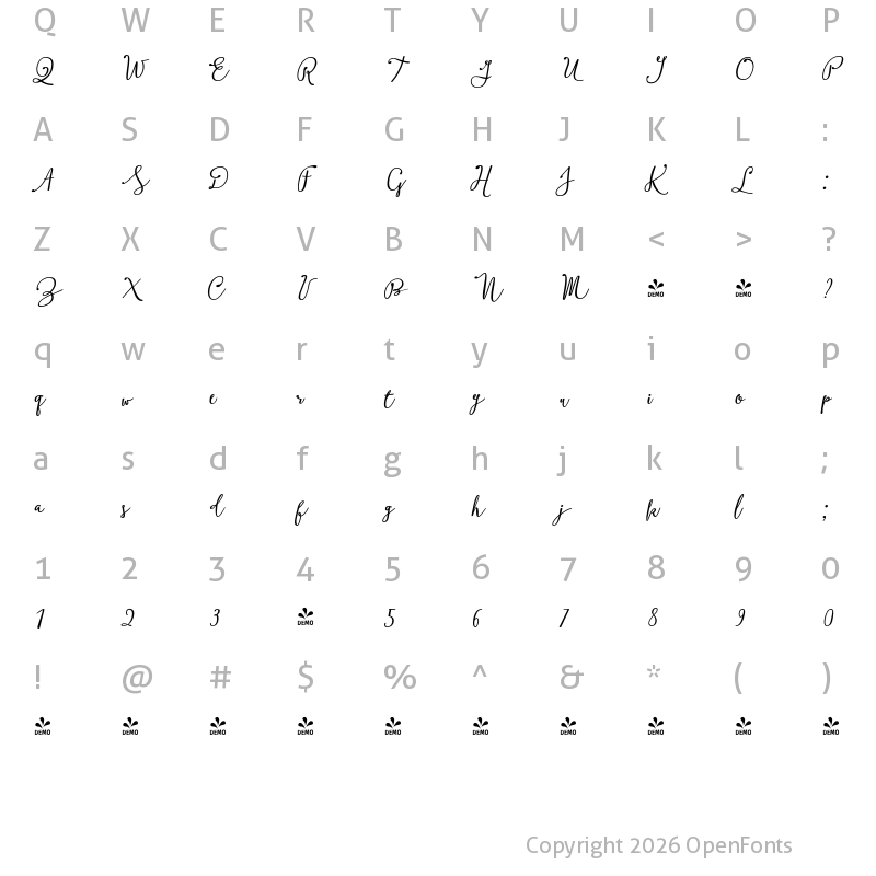 Character Map of FONTSPRING DEMO - Boho Script Drop Bold Italic