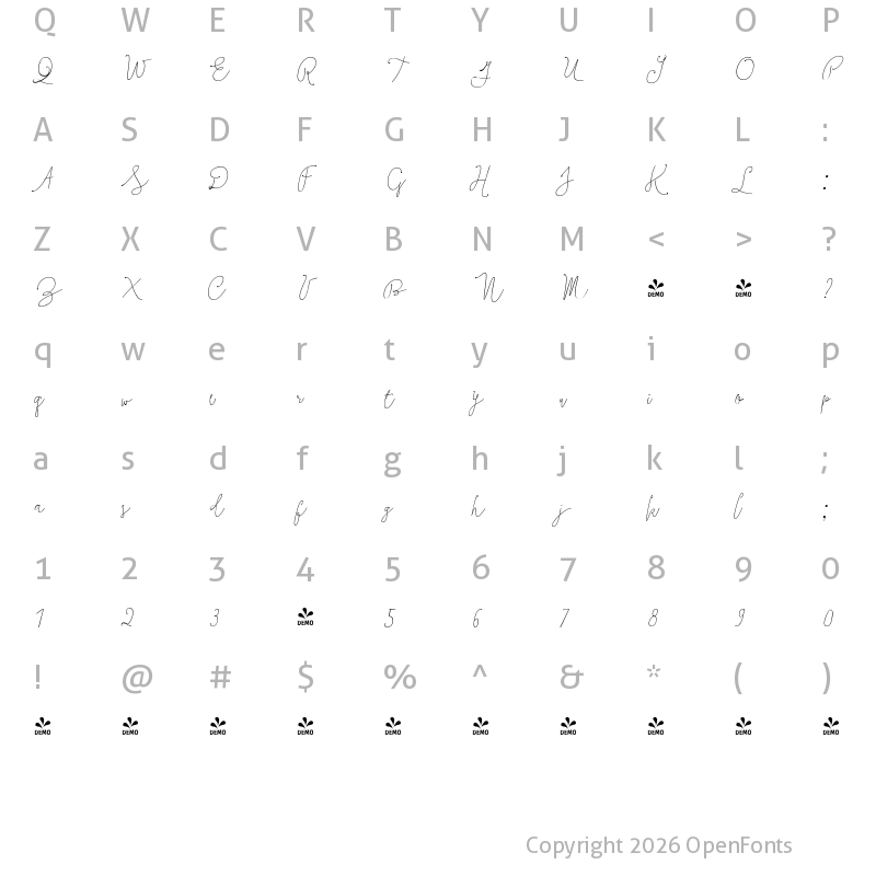 Character Map of FONTSPRING DEMO - Boho Script Line Drop Italic