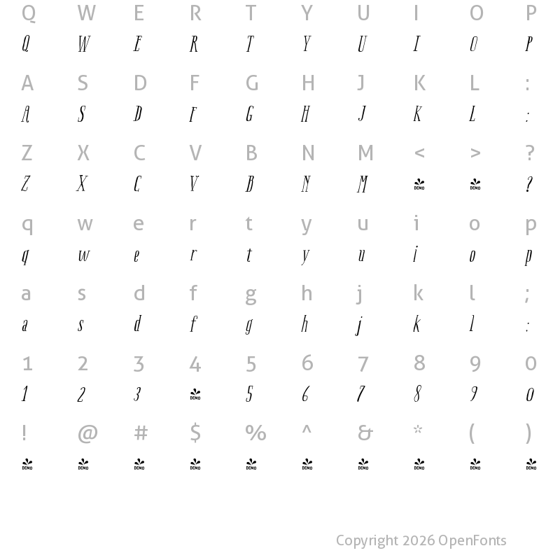 Character Map of FONTSPRING DEMO - Boho Serif Italic